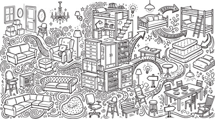 Fototapeta premium Furniture and interior design doodle set featuring home decor chairs tables and bedding elements furniture interior decorating lifestyle architecture furnishing dwelling apartment