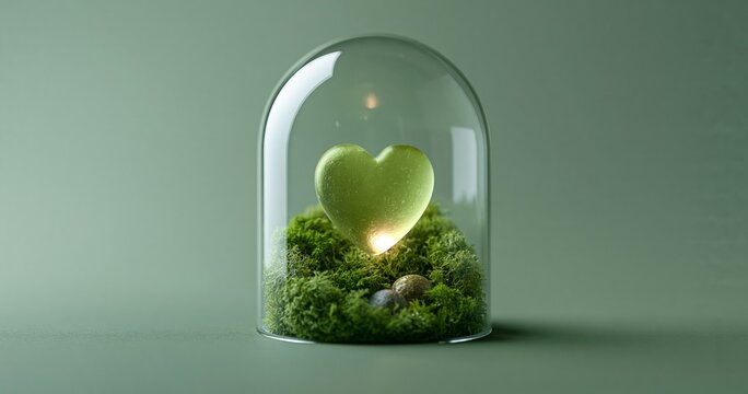 Green heart under glass dome with moss
