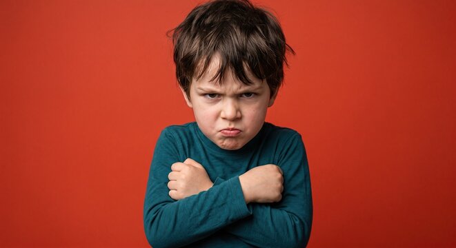 Little boy's indignant scowl and crossed arms against a fiery orange studio wall