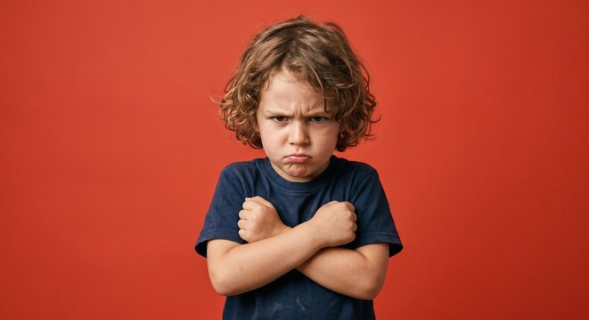 Boy's stern gaze and crossed arms against a vibrant red backdrop