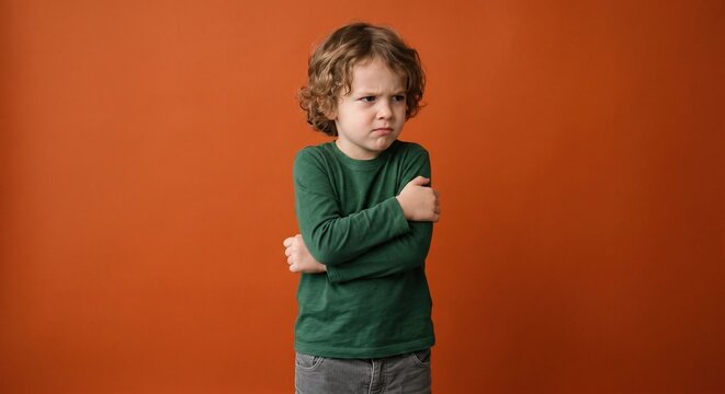 Adorable child expresses a moment of deep frustration, arms folded in a warm glow