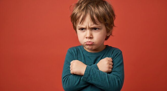 Grumpy little kid with a pensive frown and tousled hair in a vibrant studio setting