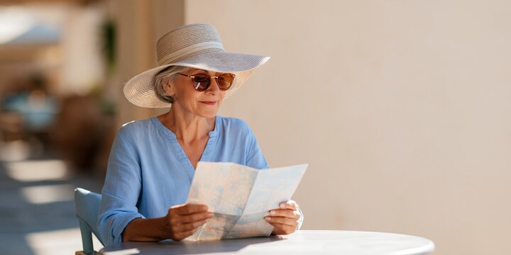 Senior woman reading map outdoors