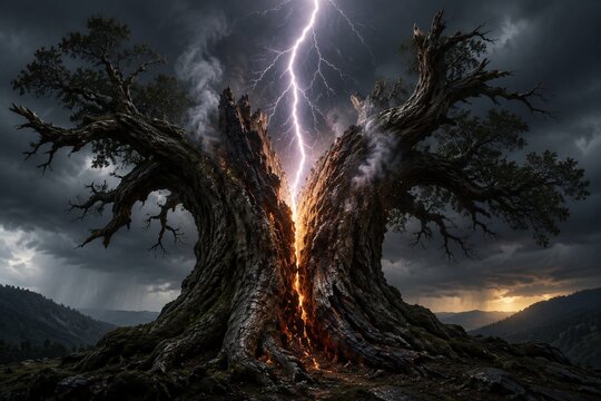 Ancient tree struck by lightning, split trunk with smoke.