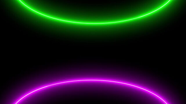 Vibrant green and magenta neon glowing frame lines on black background, abstract loop backdrop