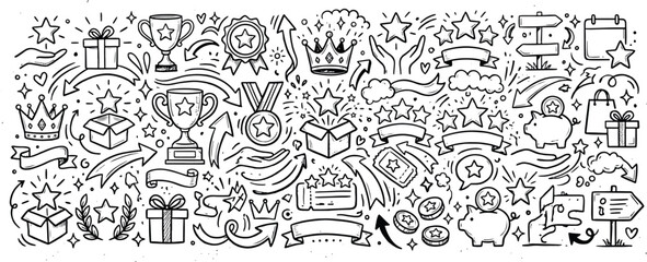 Obraz premium Award and achievement doodle set featuring trophies medals and crowns achievement competition leadership challenge performance recognition celebration champion excellence ceremony
