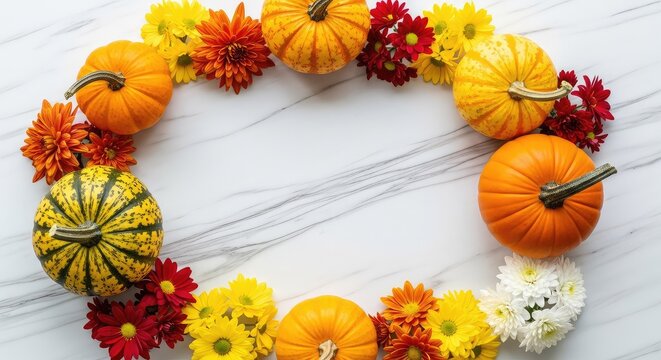 A vibrant collection of autumn pumpkins and fresh chrysanthemums artfully arranged on a polished white marble tabletop with grey textures, minimal, garden, seasonal
