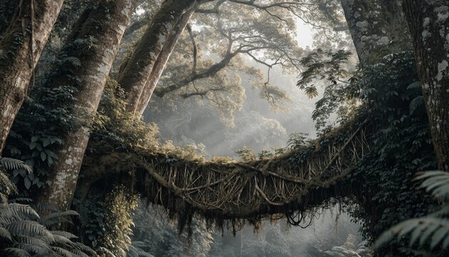 A misty rainforest frames a natural root bridge beneath towering trees, suited for eco travel, conservation, and wilderness adventure campaigns.