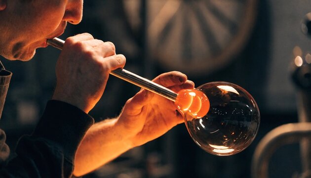 A glassblower shapes molten glass on a blowpipe in a dim workshop, ideal for artisan craft, manufacturing, and handmade design promotions.