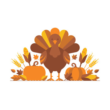 Thanksgiving turkey illustration with pumpkins and harvest crops