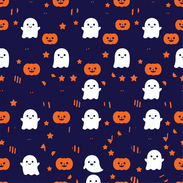 Cute Halloween seamless pattern with ghosts and pumpkins