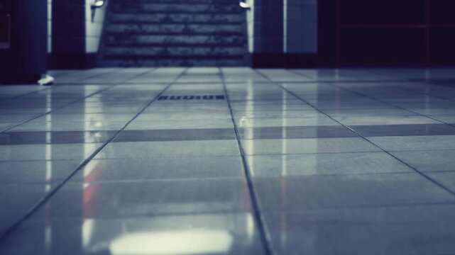 The view shows a shiny floor in a public building. Stairs are visible in the background. Lights reflect off the tiles. The setting appears quiet and empty at night.