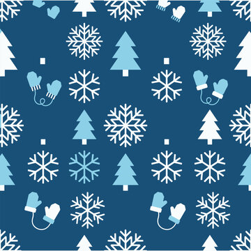 Seamless winter holiday pattern with snowflakes and pine trees