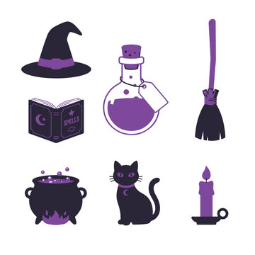 Set of magical Halloween icons with witch hat and potion