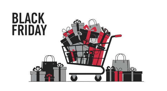 Shopping cart overflowing with gifts and bags text BLACK FRIDAY in large font