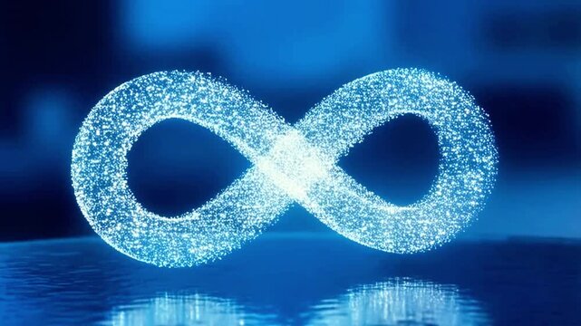 Glowing blue light infinity symbol particles abstract graphic, suitable for digital logo design and futuristic themed projects. Perfect for branding.