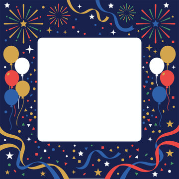 Celebration party frame with balloons and fireworks