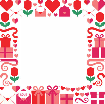 Valentine's day square frame with hearts, gifts, and flowers