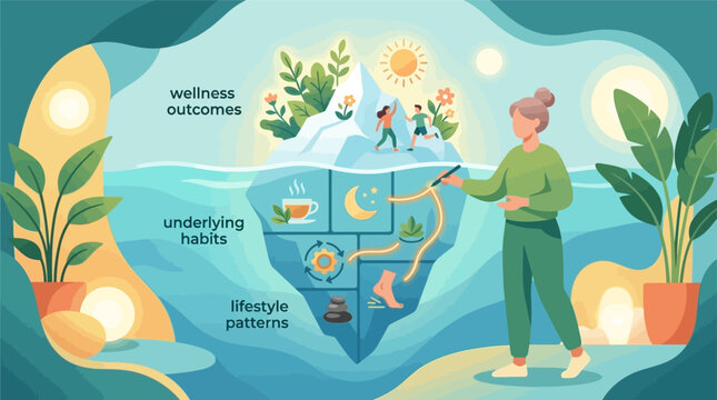 Flat vector illustration of a faceless woman mapping a wellness iceberg showing health outcomes, underlying habits, and lifestyle patterns with holistic icons and plants.
