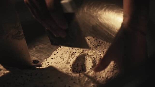 Hands of baker use scraper tool to separate and remove piece of leavened dough from large metallic bowl of industrial mixing machine. Process of bread making for professional bakery operation