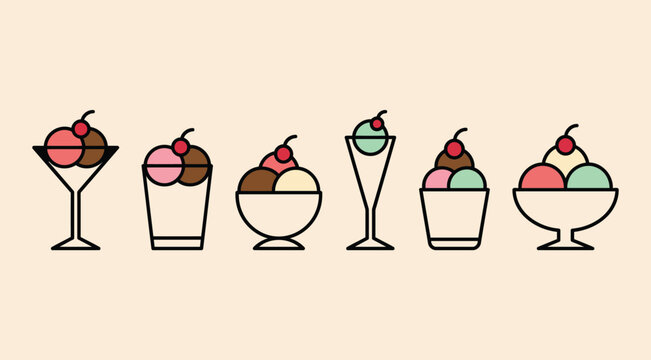 Ice cream sundae glasses set line icon vector illustration