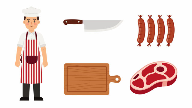 Vector illustration of a butcher preparing meat on a wooden cutting board