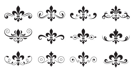 Fleur de Lis Decorative Divider Collection, Vintage Floral Scroll Design with Ornamental Dotted Accents, Black and White Vector Line Art Set © Ibrahim