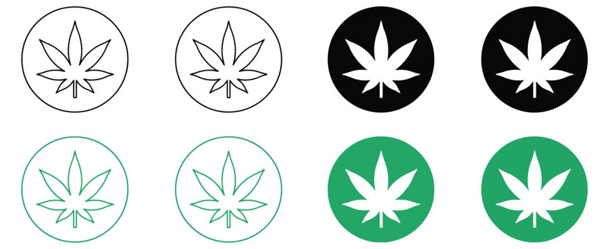 Cannabis leaf icons in circular outline and solid styles with black and green variations for marijuana branding vector design.