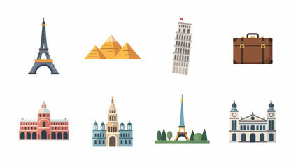 Fototapeta premium Vector illustration of famous landmarks and travel icons worldwide in a single frame