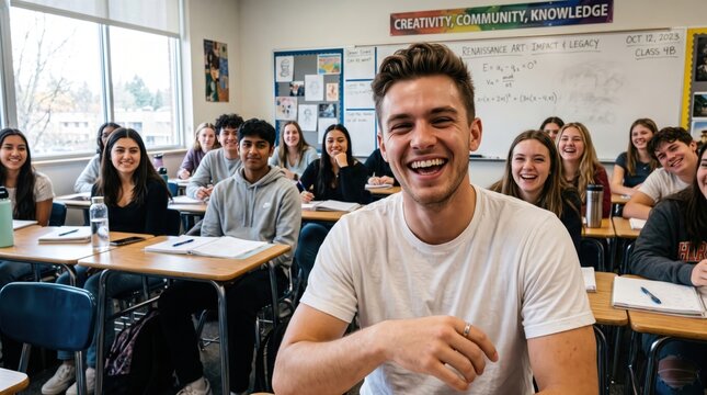 Young man smiling in a classroom with diverse students sitting at desks in the background during a daytime lesson with a whiteboard and posters visible on the wall