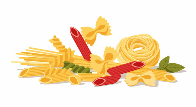 Assorted pasta shapes including penne farfalle fusilli and spaghetti with fresh basil leaves