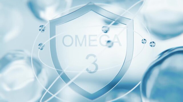Omega-3 polyunsaturated fatty acid blue shield symbol in 3D animation. EPA and DHA molecular lipid structure background with transparent cells for cardiovascular video