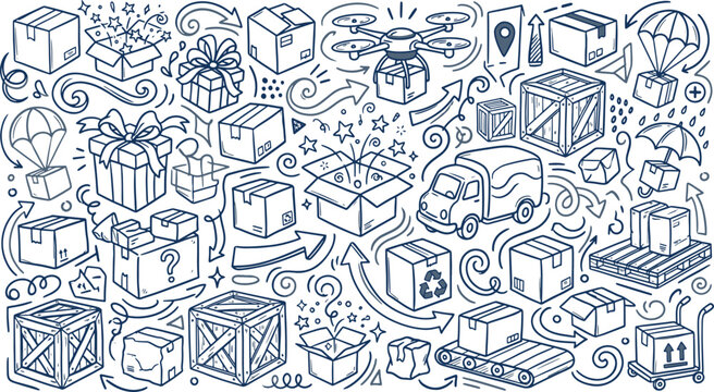 Logistics and shipping doodle pattern showing packages delivery trucks and boxes with logistics shipping delivery packages transport ecommerce tracking handdrawn illustration