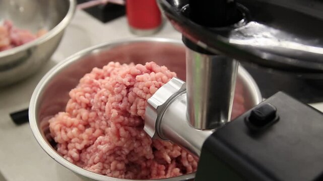 Close-up view of fresh raw pork chicken meat being processed by electric meat grinder, preparing ingredients for cooking meal, kitchen countertop food preparation process