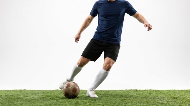 Anonymous soccer player performing a controlled short pass isolated on white background