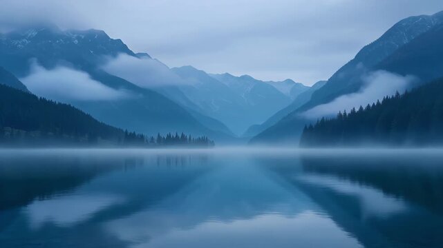 Misty mountain range reflected on a calm lake under a cloudy sky