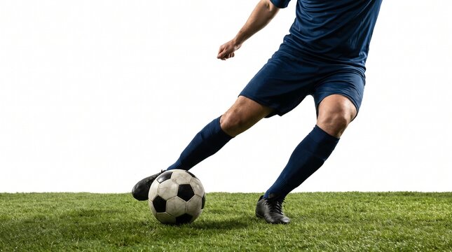 Anonymous soccer player delivering a precise ground through pass isolated on white background