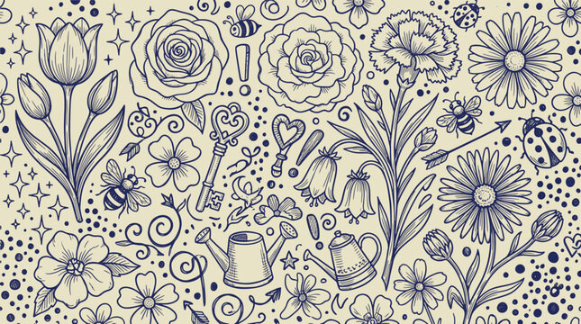 Vintage floral hand-drawn pattern with flowers and garden tools watering can nature art garden themed botanical pattern fine art floral background key icon watering equipment