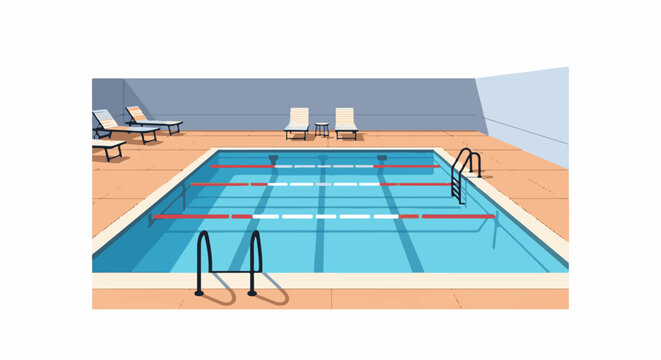 A swimming pool with lanes ladders lounge chairs and a small table