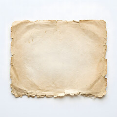 Fototapeta premium Old weathered piece of rectangular parchment paper with rough torn edges isolated on white background
