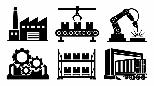 Industrial manufacturing and logistics icon set, black vector symbols