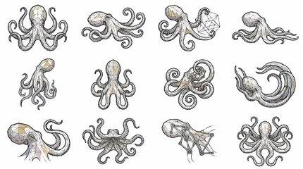 Collection of vintage octopus and tentacle illustrations. © Untung
