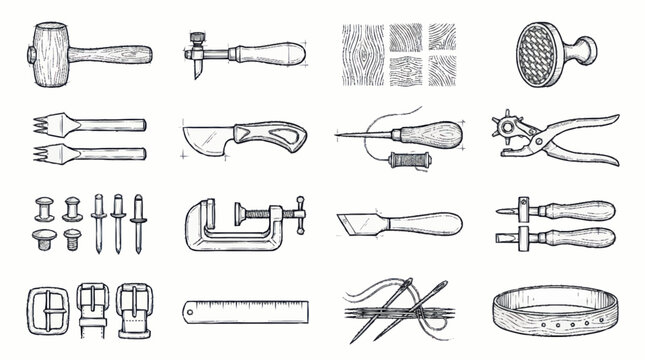 Collection of vintage hand tools and hardware illustrations.