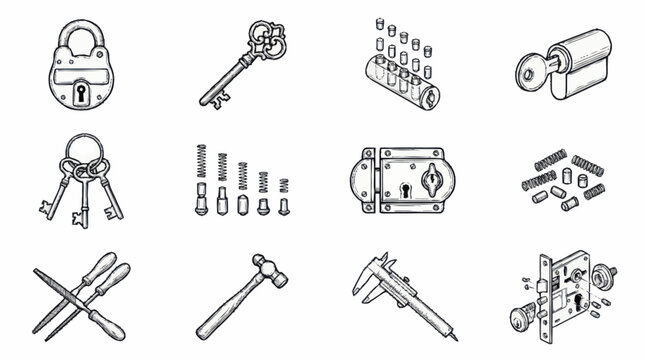 Collection of various locksmith tools and security hardware icons.