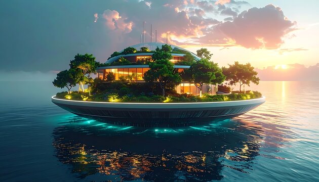 Futuristic floating island home at sunset