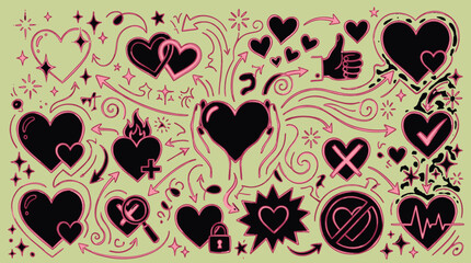 Fototapeta premium Love and hearts hand drawn doodle background with valentine affection handdrawn background illustration romantic abstract collection ornament decorative relationship valentines
