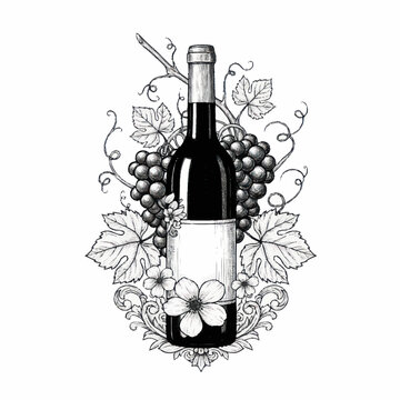Elegant wine bottle with grape and vine illustration.