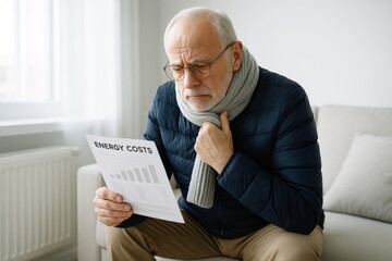 Fototapeta premium Elderly man in winter clothes worriedly reading energy cost bill, symbolizing financial hardship and rising utility prices at home. Ai generative