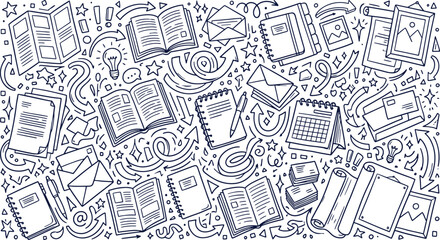 Fototapeta premium Doodle pattern with business documents and stationery elements business stationery notebooks documents planning illustration handdrawn background management organization marketing