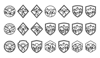 Linear Mountain Valley Badges and Outdoor Wilderness Logo Vector Set © Rozina